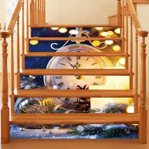 Detailed view of 3D Christmas stair stickers with vintage clock and candle design