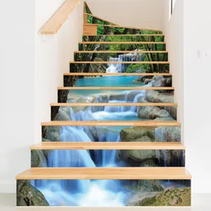 Detail of 3D waterfall nature landscape stickers applied to indoor staircase risers