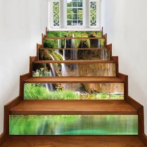 Detail view of 3D waterfall landscape stickers applied to wooden staircase risers