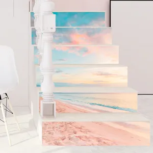 Detail showing 3D beach sunset landscape stickers on a modern staircase interior.