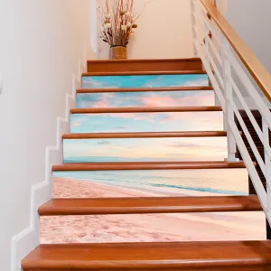 Sunset beach landscape 3D stair stickers applied to wooden steps in a modern home.