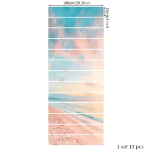 Set of thirteen decorative 3D staircase stickers featuring a beach sunset, 100x18cm each