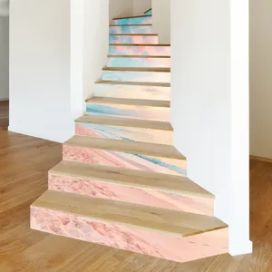Detailed view of 3D beach landscape stickers applied on white interior staircase risers.
