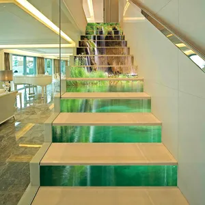 Detailed view of 3D waterfall landscape self-adhesive staircase stickers for home decor.