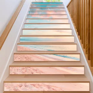 Close-up view of 3D beach sunset landscape staircase stickers on wooden steps