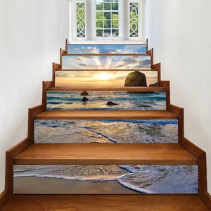 Detailed view showing 3D sunset beach scenery staircase stickers applied on wooden stairs