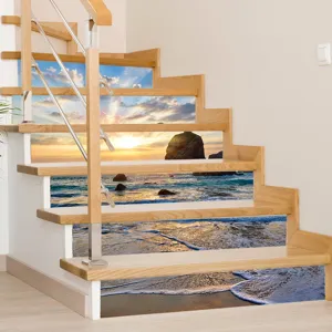 3D sunset beach landscape self-adhesive stickers applied to wooden staircase risers