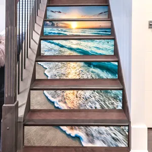 Realistic 3D sunset beach ocean wave self-adhesive staircase stickers home decor