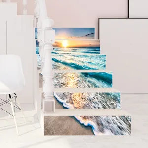 3D self-adhesive staircase stickers with ocean sunset beach seascape landscape design