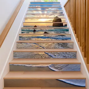 Vibrant sunset beach 3D landscape stickers applied on a modern wooden staircase
