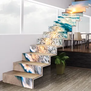 3D self-adhesive staircase stickers showing realistic ocean waves and sunset beach scenery