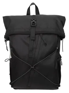 Minimalist black roll-top business backpack with front bungee cord and large capacity