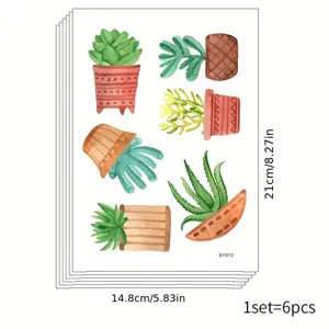 Watercolor succulent wall stickers set with size dimensions for home decoration.