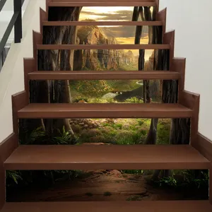 Realistic 3D landscape mural stickers applied to wooden stair risers for home decoration