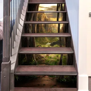 3D nature forest landscape self-adhesive stickers shown on wooden staircase risers