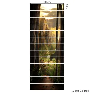 Macro view of 13-piece 3D mountain forest landscape stair stickers with dimensions