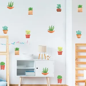 Detailed view of watercolor succulent potted plant wall stickers on a clean white wall