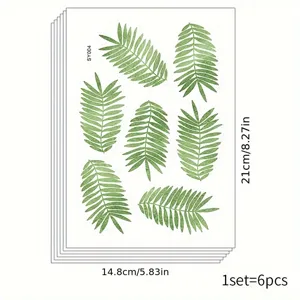 Close-up of 6pcs green tropical leaf wall stickers measuring 14.8x21cm for home decor