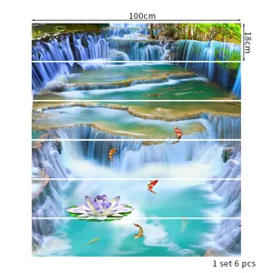 Detailed view of 3D waterfall and koi landscape staircase stickers, 6pcs self-adhesive set
