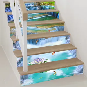 Scenic 3D waterfall landscape stair stickers with koi fish and lotus design on white stairs.