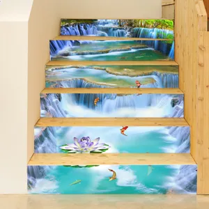Detailed view of 3D waterfall landscape stair stickers with koi fish and purple lotus