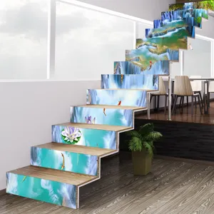 Macro detail showing 3D waterfall landscape stickers and koi fish on modern wooden stairs.