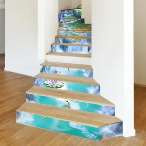 Detailed view of 3D nature waterfall and koi fish stair stickers applied to indoor wooden steps.