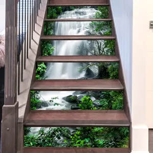 Detail of 3D waterfall landscape stickers applied to wooden stair risers for home decor