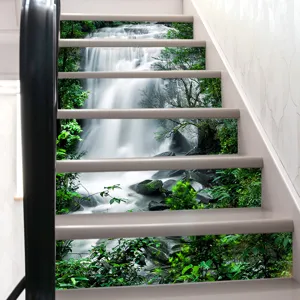 Detailed view of 3D nature waterfall scenery stickers applied on modern staircase steps