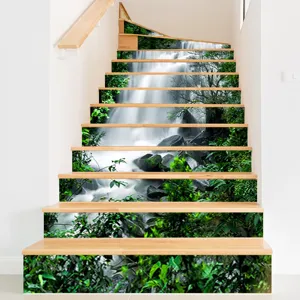 Vivid 3D forest waterfall landscape stair stickers applied to wooden steps for home decor