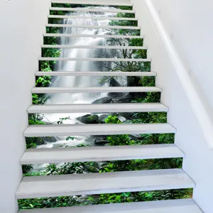 Detailed view of 3D waterfall landscape stickers on white indoor stairs renovation