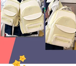 Detailed view of cute preppy style color-block student backpacks in large and small sizes