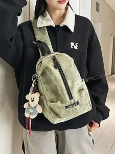 Unisex Nylon Chest Bag Fresh Tie-Dye Crossbody Waist Bag Casual Outdoor Cycling Shoulder Bag With Plush Bear Pendant
