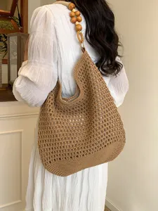 Sac Fourre-Tout Ajouré Tricoté à la Main pour Femmes Style Bohème Plage Vacances Bandoulière Perles en Bois Coton Grande Capacité