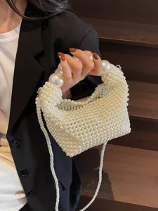 Elegante weiße Perlen-Abendtasche mit großem Perlengriff und Schulterkette Design