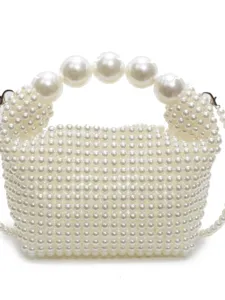 Elegante handgefertigte weiße Perlen-Abendtasche mit großem Perlengriff und langem Riemen