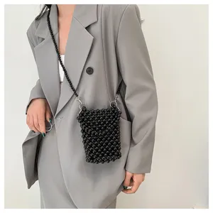 Handmade black beaded crossbody bag for women, stylish pearl-like phone pouch