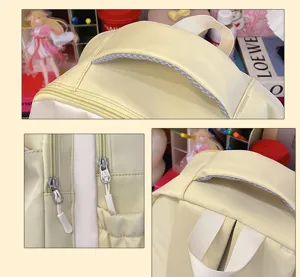 Detail shots of a cream yellow school backpack showing handle and zipper quality.