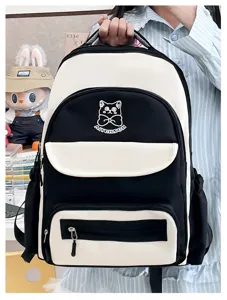 Cute preppy style black and white contrast color backpack with cat logo embroidery