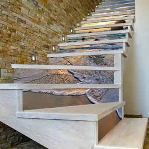 3D seascape staircase stickers showing ocean waves and sunset on a modern wooden staircase