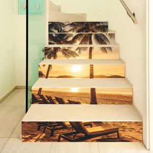 Detailed 3D sunset beach scene staircase stickers with palm trees and loungers