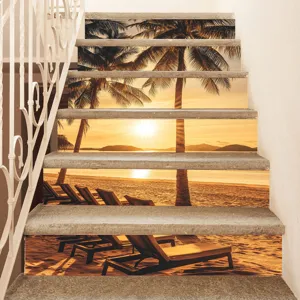 Detail showing tropical sunset beach 3D staircase stickers applied on indoor stone steps