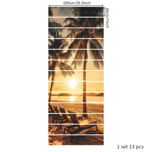 Detail layout of 13-piece 3D beach sunset stair stickers with 100x18cm dimensions