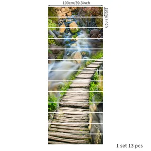 3D nature waterfall and forest path stair stickers, 13-piece self-adhesive set