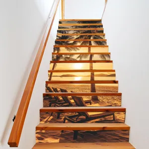 Full view of 3D tropical beach sunset landscape stickers applied to indoor stairs