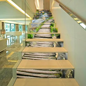 3D staircase stickers featuring a serene waterfall landscape on indoor steps.