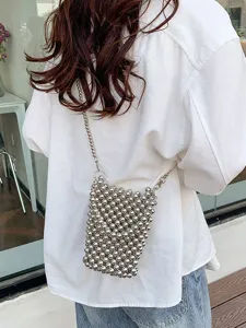 Stylish fashionable silver beaded crossbody phone bag for women with ball chain strap