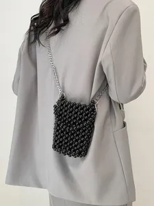 Stylish black beaded woven mini crossbody phone bag for women with silver chain strap