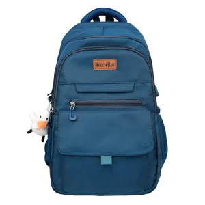 Sac à dos d'étudiant bleu marine minimaliste avec un pendentif canard blanc