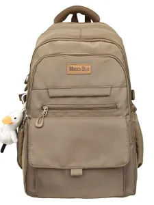 Sac à dos d'étudiant kaki léger et minimaliste avec grande capacité et breloque canard blanc